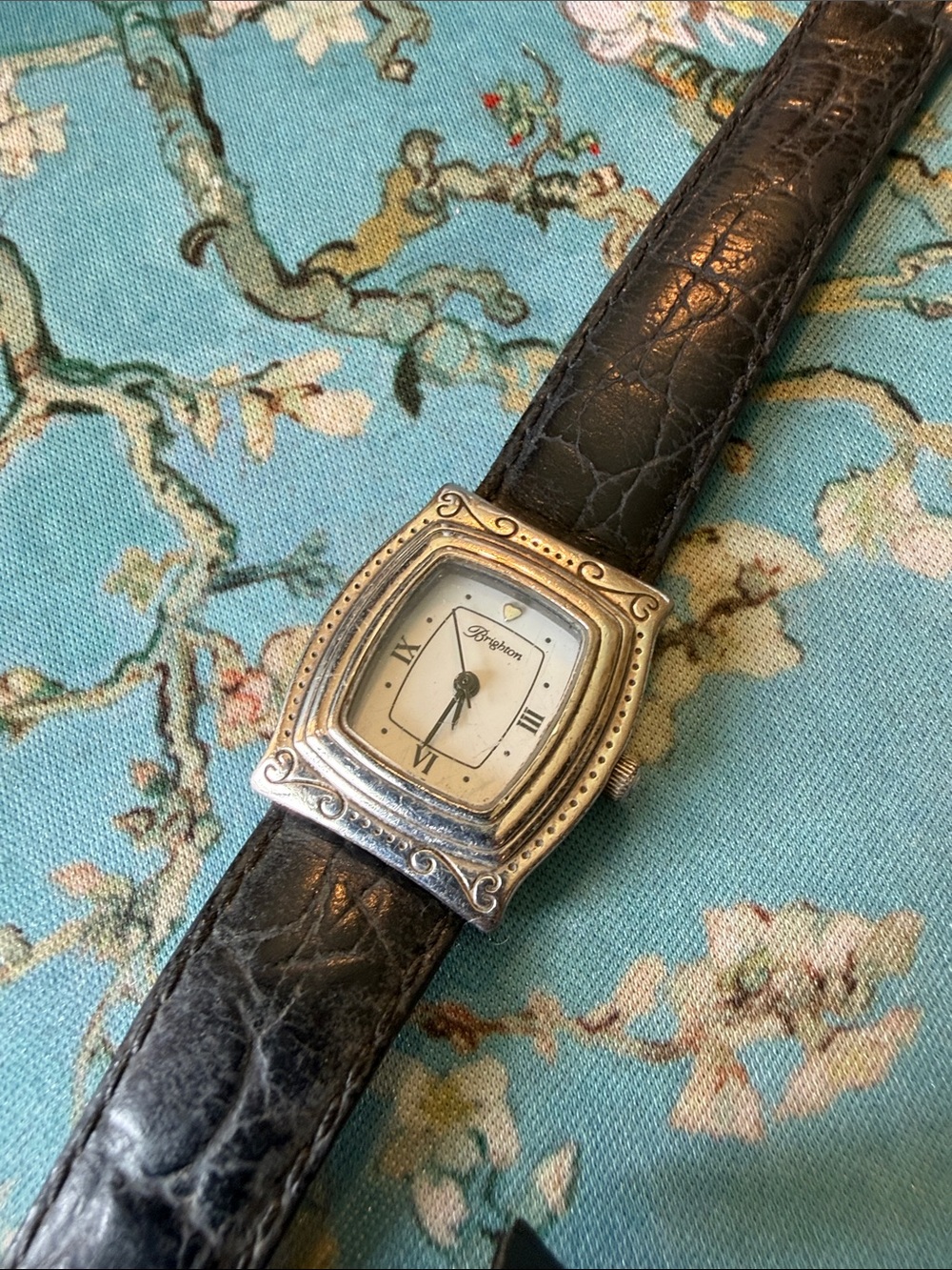 VINTAGE Brighton Silver-Tone  Square Watch with Black Leather Strap